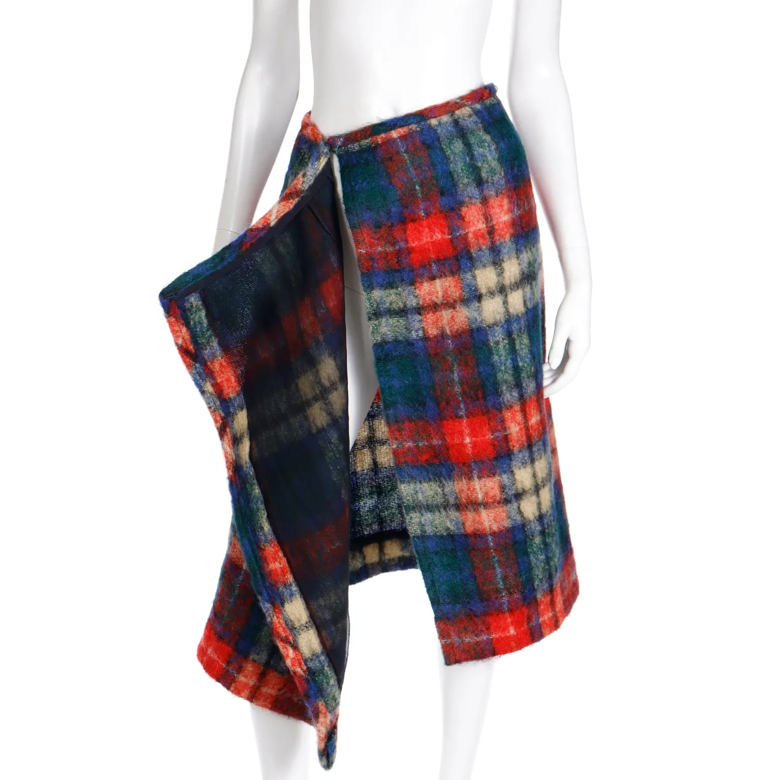 1970s Mohair Red & Blue Plaid Vintage Wrap Skirt