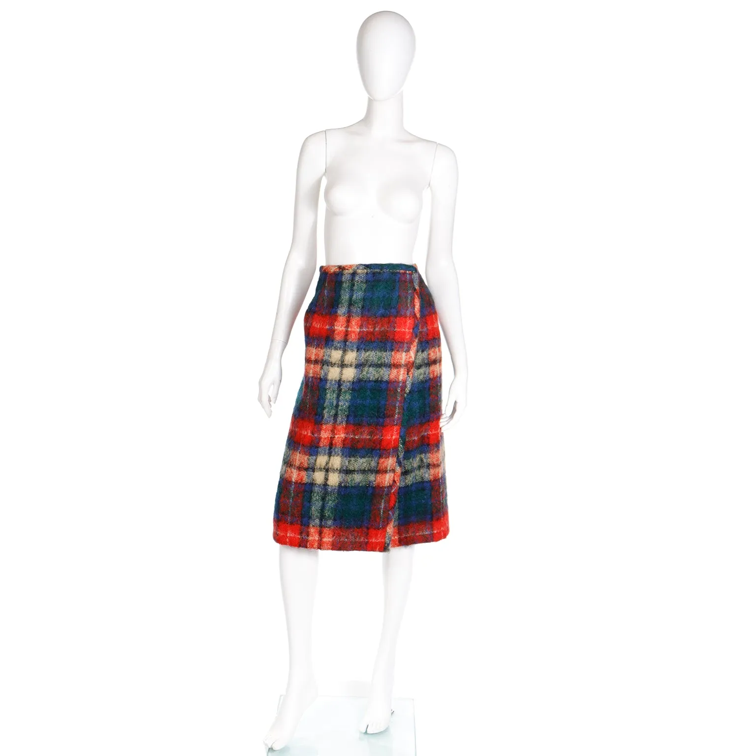 1970s Mohair Red & Blue Plaid Vintage Wrap Skirt