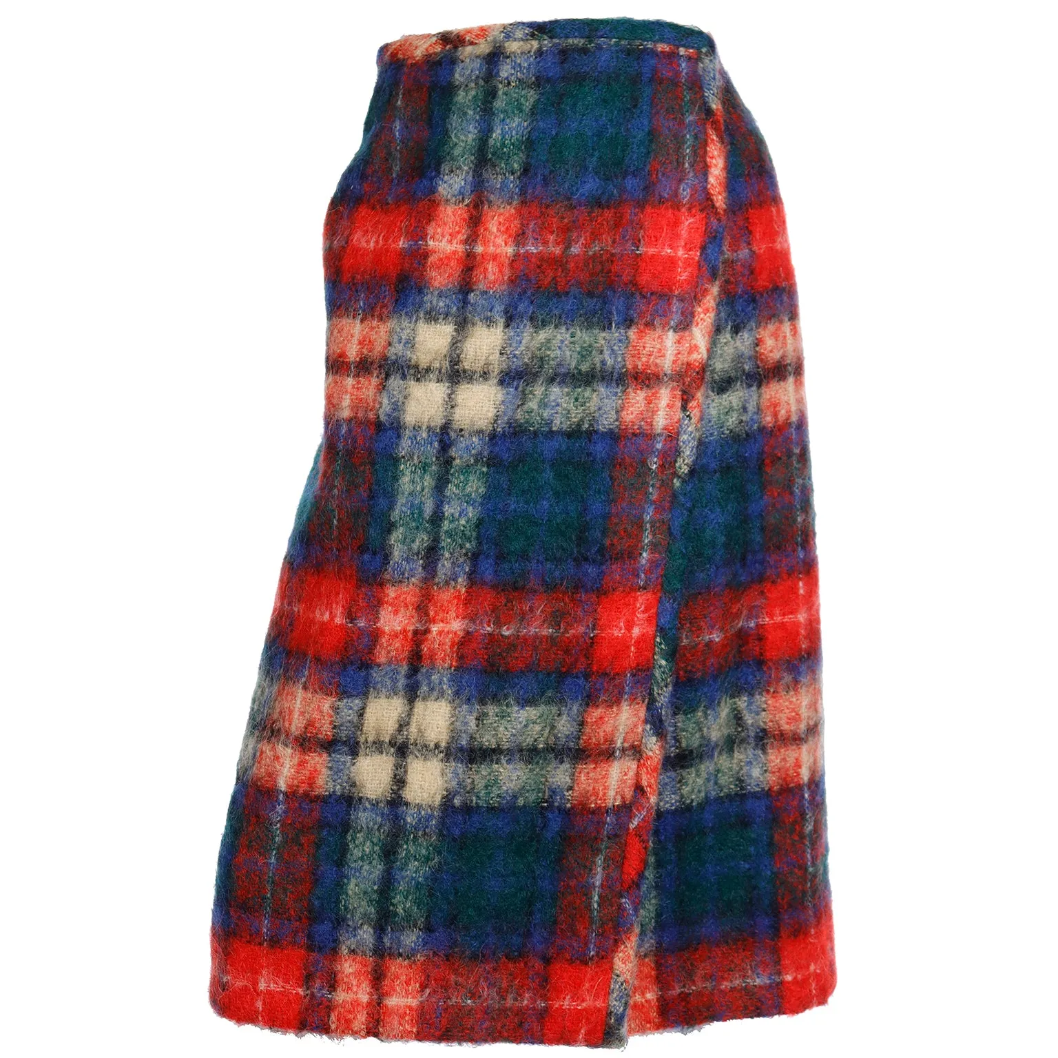 1970s Mohair Red & Blue Plaid Vintage Wrap Skirt