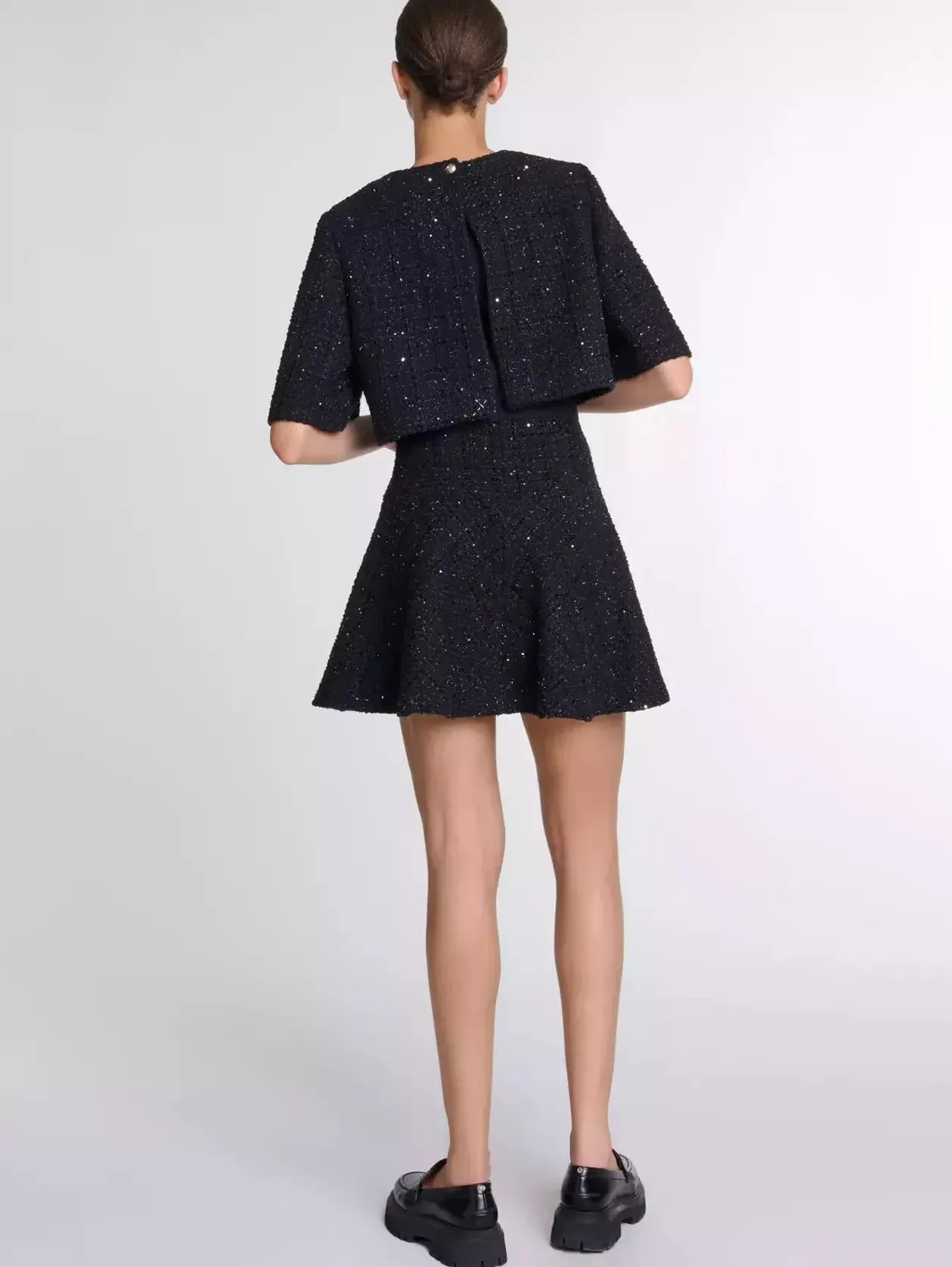 2 in 1 Black Sequin Tweed Dress Set