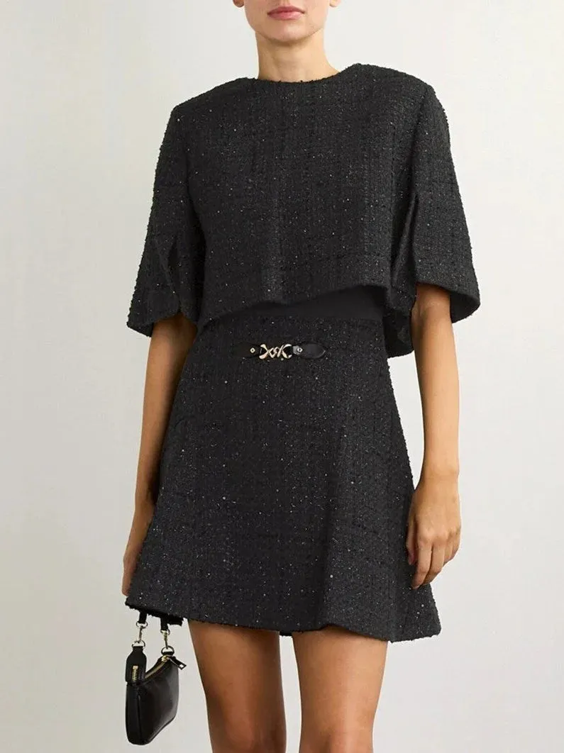 2 in 1 Black Sequin Tweed Dress Set