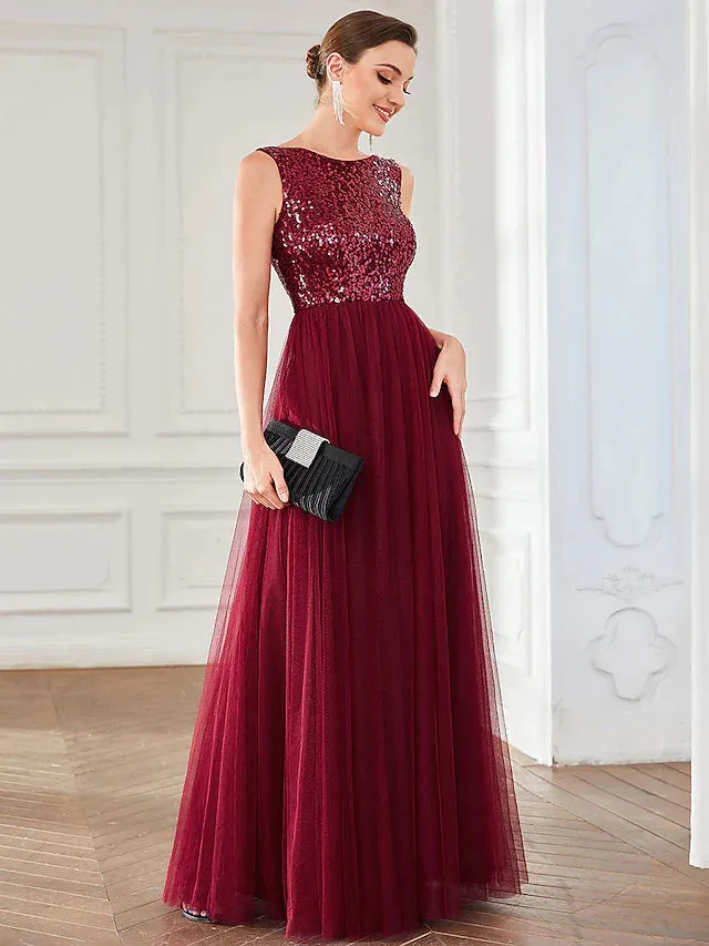 A-Line Party Dresses Elegant Dress Wedding Guest Floor Length Sleeveless Tulle with Sequin