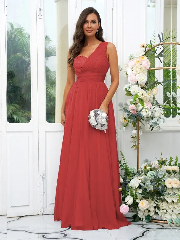 A-Line/Princess 30D Chiffon Sequin One-Shoulder Sleeveless Floor-Length Bridesmaid Dresses