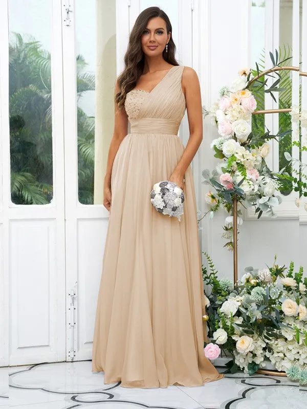 A-Line/Princess 30D Chiffon Sequin One-Shoulder Sleeveless Floor-Length Bridesmaid Dresses