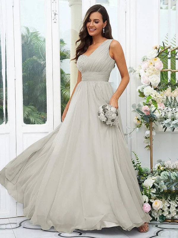 A-Line/Princess 30D Chiffon Sequin One-Shoulder Sleeveless Floor-Length Bridesmaid Dresses