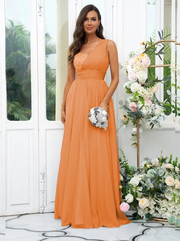 A-Line/Princess 30D Chiffon Sequin One-Shoulder Sleeveless Floor-Length Bridesmaid Dresses