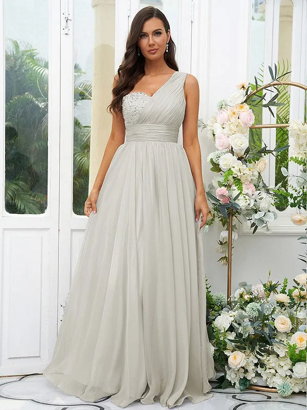 A-Line/Princess 30D Chiffon Sequin One-Shoulder Sleeveless Floor-Length Bridesmaid Dresses