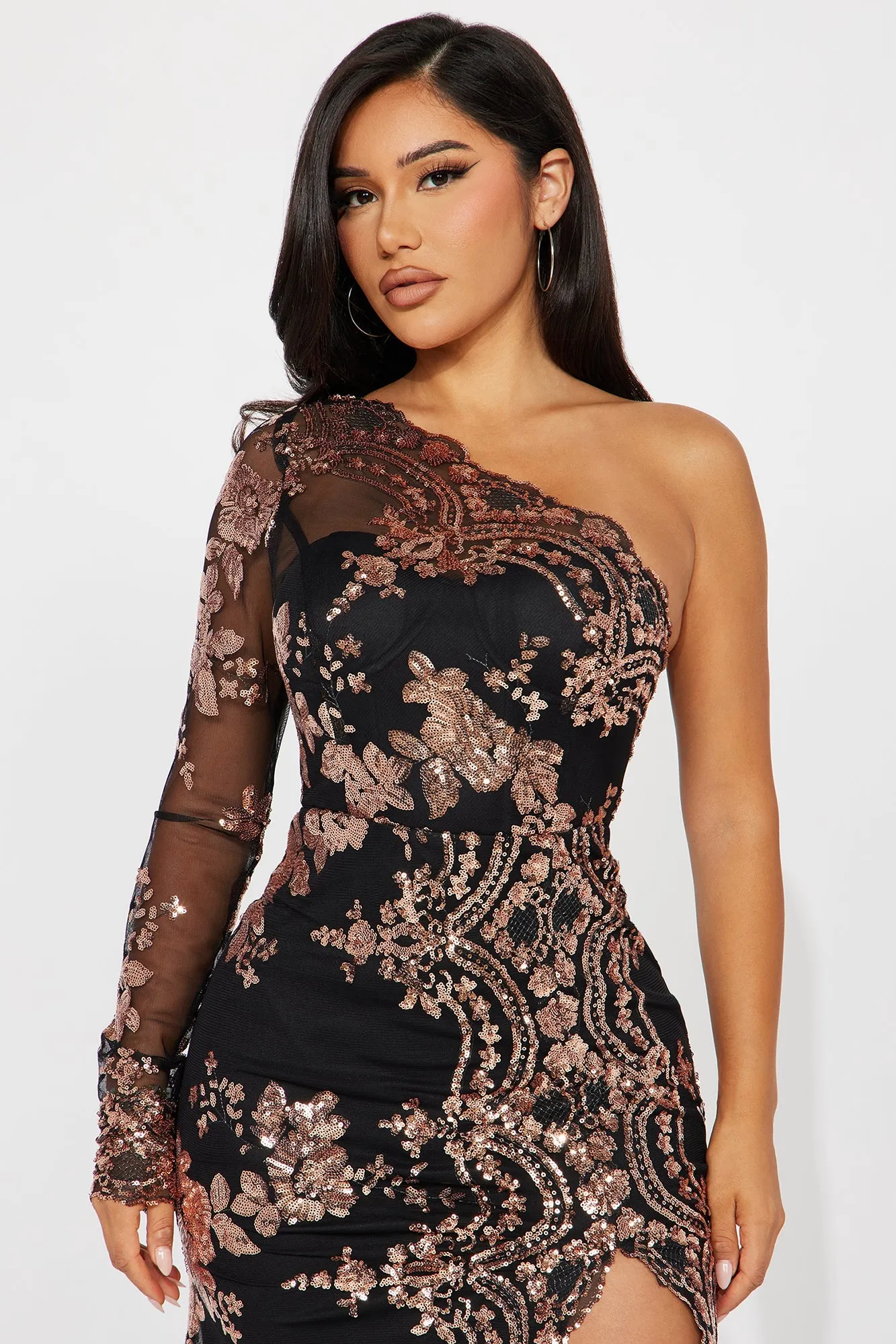 All Nighter Long Sleeve Sequin Gown - Black/Rose Gold