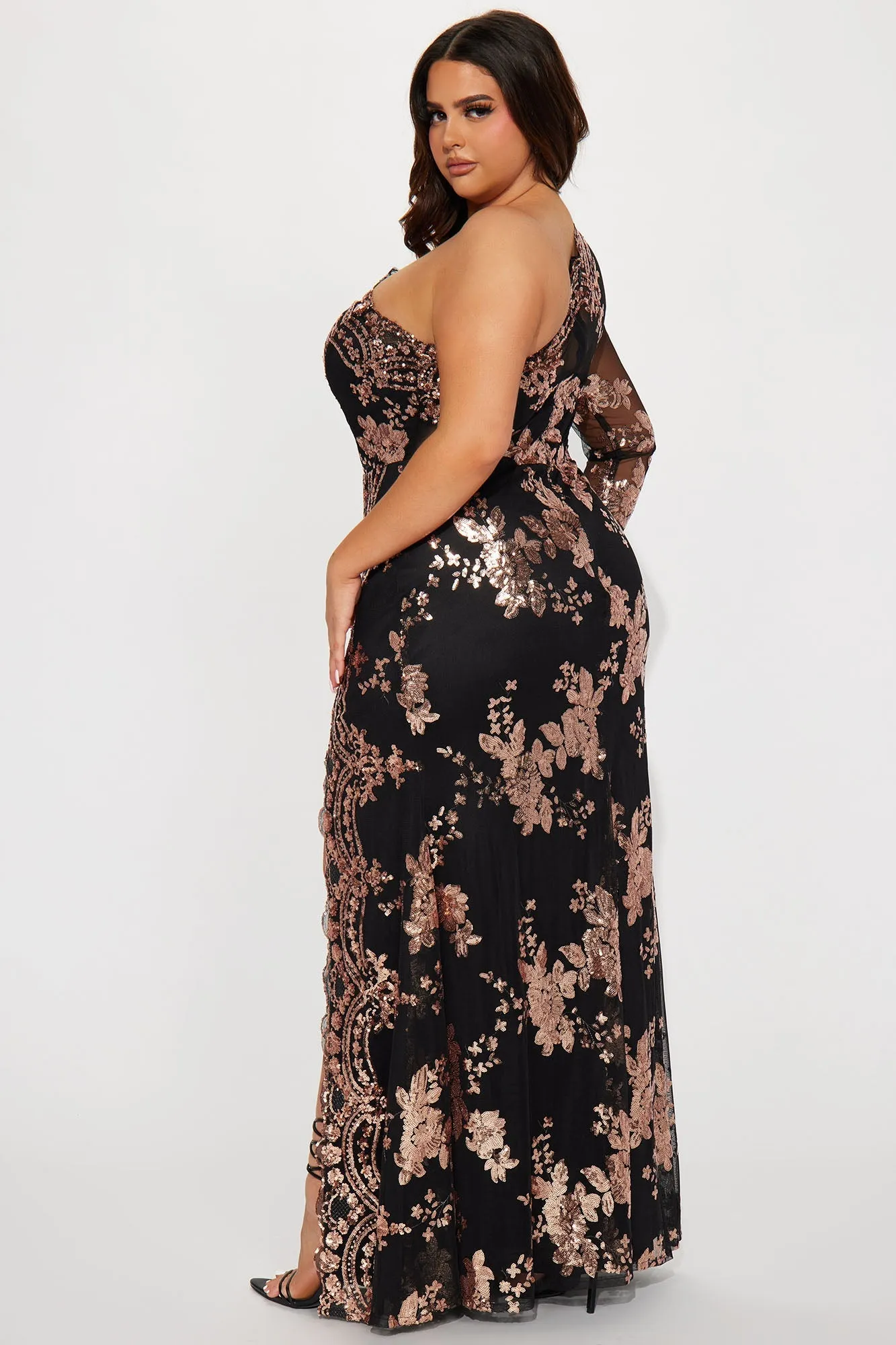 All Nighter Long Sleeve Sequin Gown - Black/Rose Gold