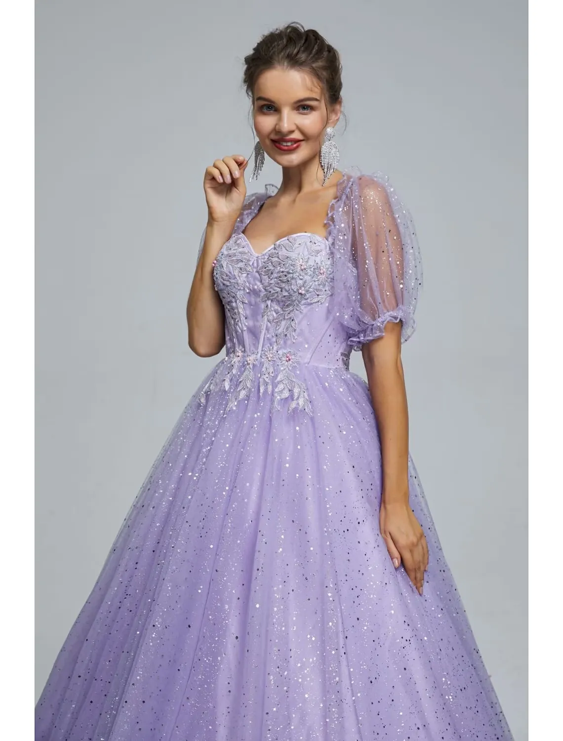 Ball Gown Prom Dresses Princess Dress Graduation Floor Length Short Sleeve Sweetheart Tulle with Sequin Appliques