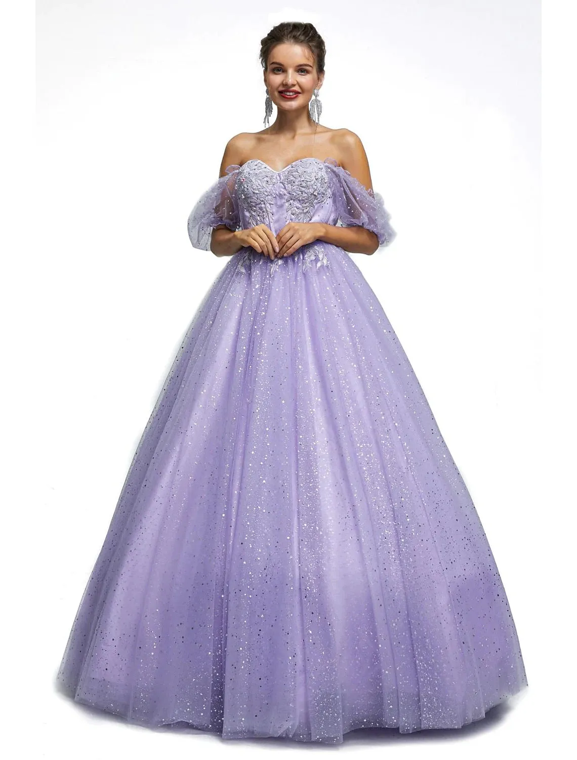 Ball Gown Prom Dresses Princess Dress Graduation Floor Length Short Sleeve Sweetheart Tulle with Sequin Appliques