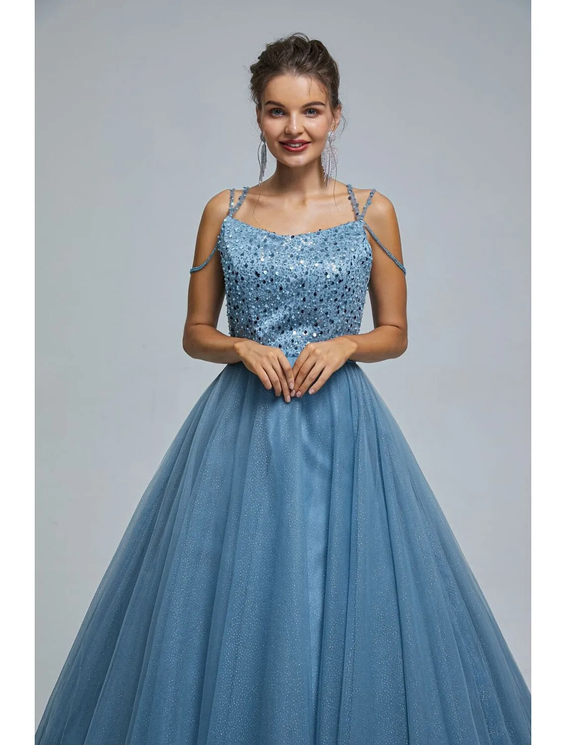 Ball Gown Prom Dresses Sparkle & Shine Dress Graduation Floor Length Sleeveless Spaghetti Strap Tulle with Pearls Sequin