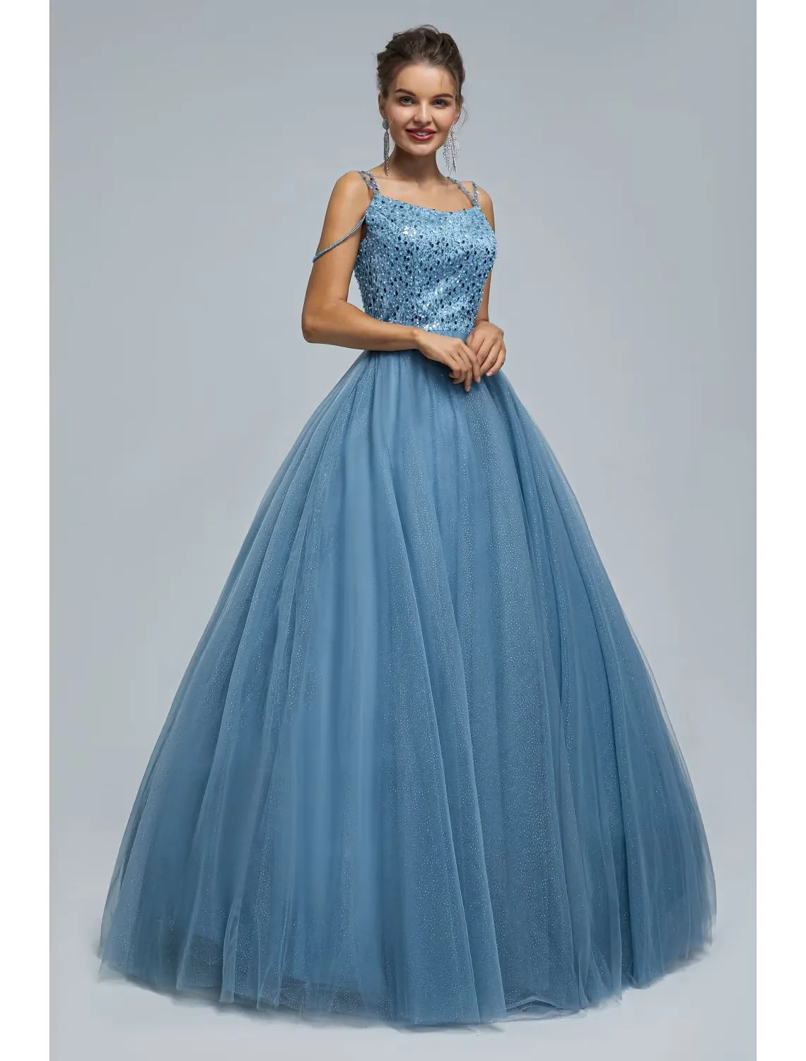 Ball Gown Prom Dresses Sparkle & Shine Dress Graduation Floor Length Sleeveless Spaghetti Strap Tulle with Pearls Sequin