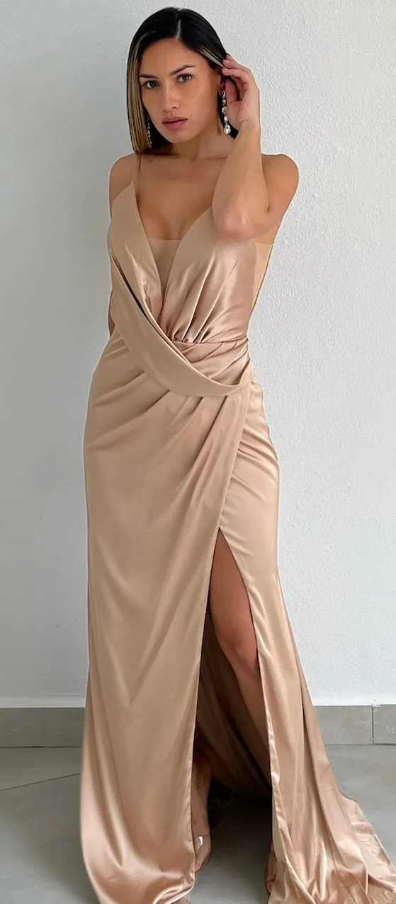 Beloved Elegance Nude Satin Formal Gown