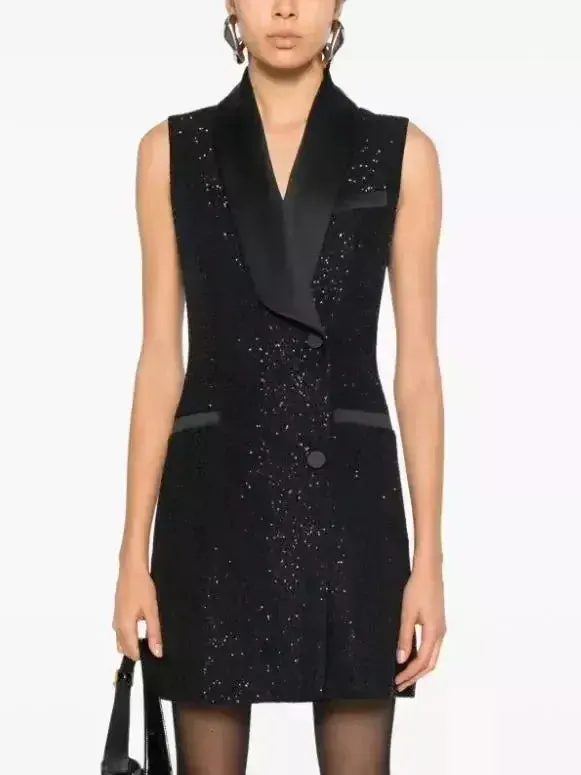 Black Sequin Vest Dress with Satin Trim