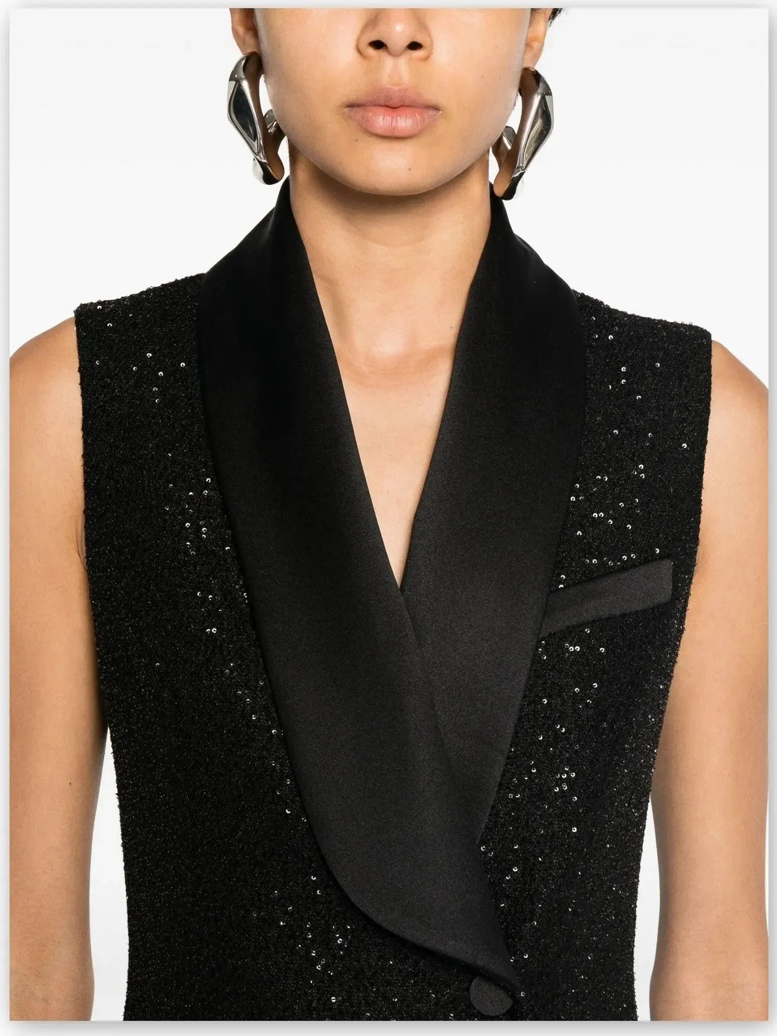 Black Sequin Vest Dress with Satin Trim