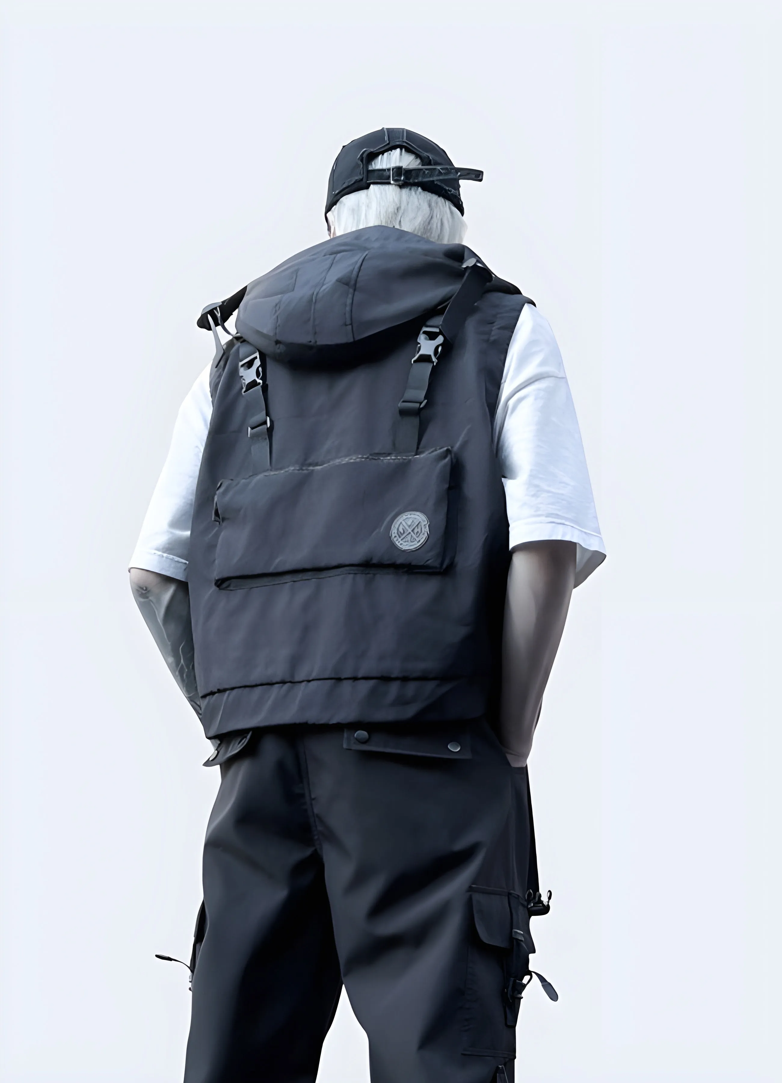 Black Techwear Vest with Hood