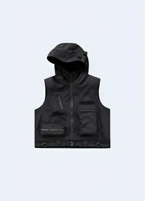 Black Techwear Vest with Hood