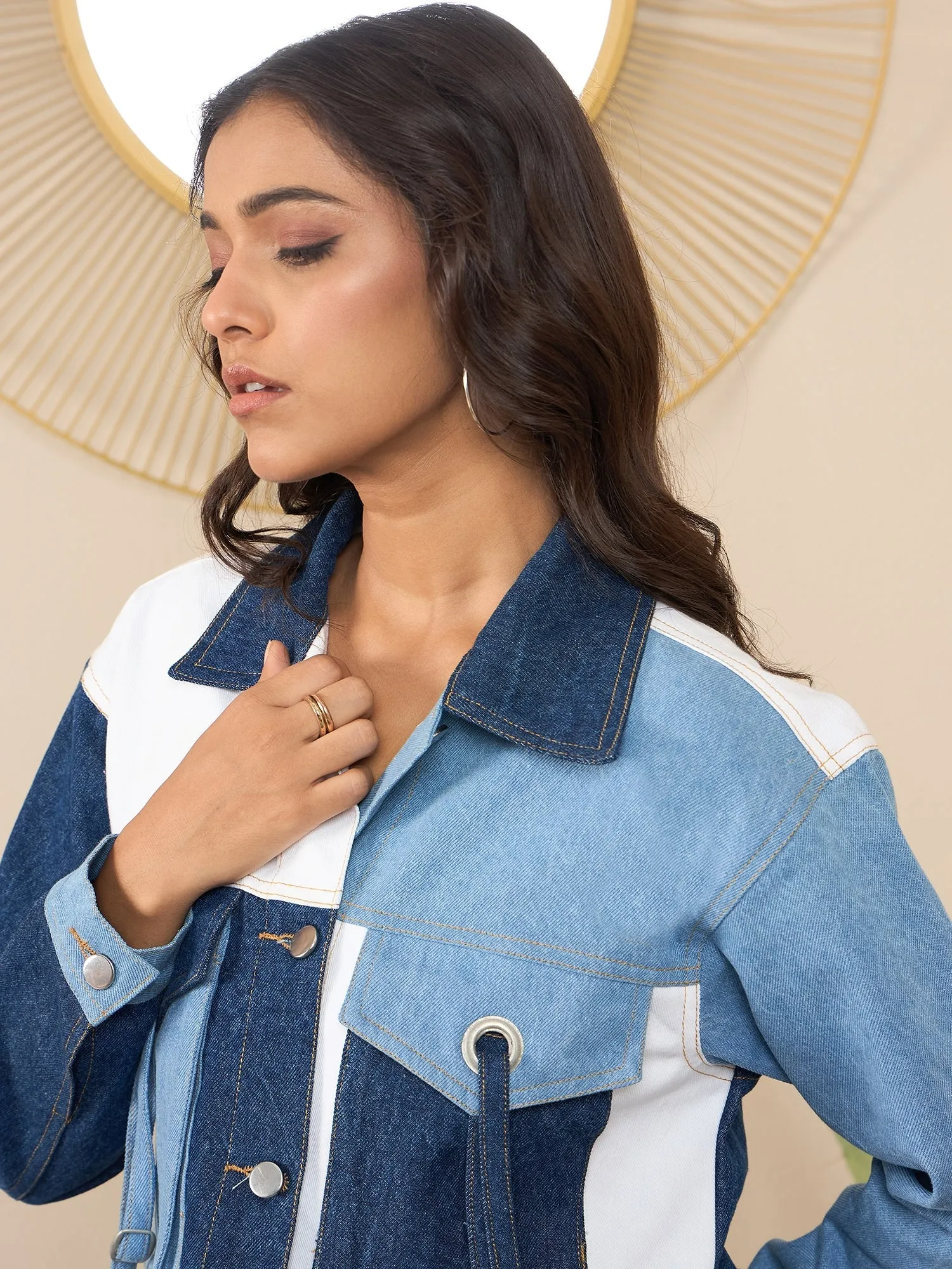 Blue Denim Color Blocking Patchwork Detail Crop Jacket