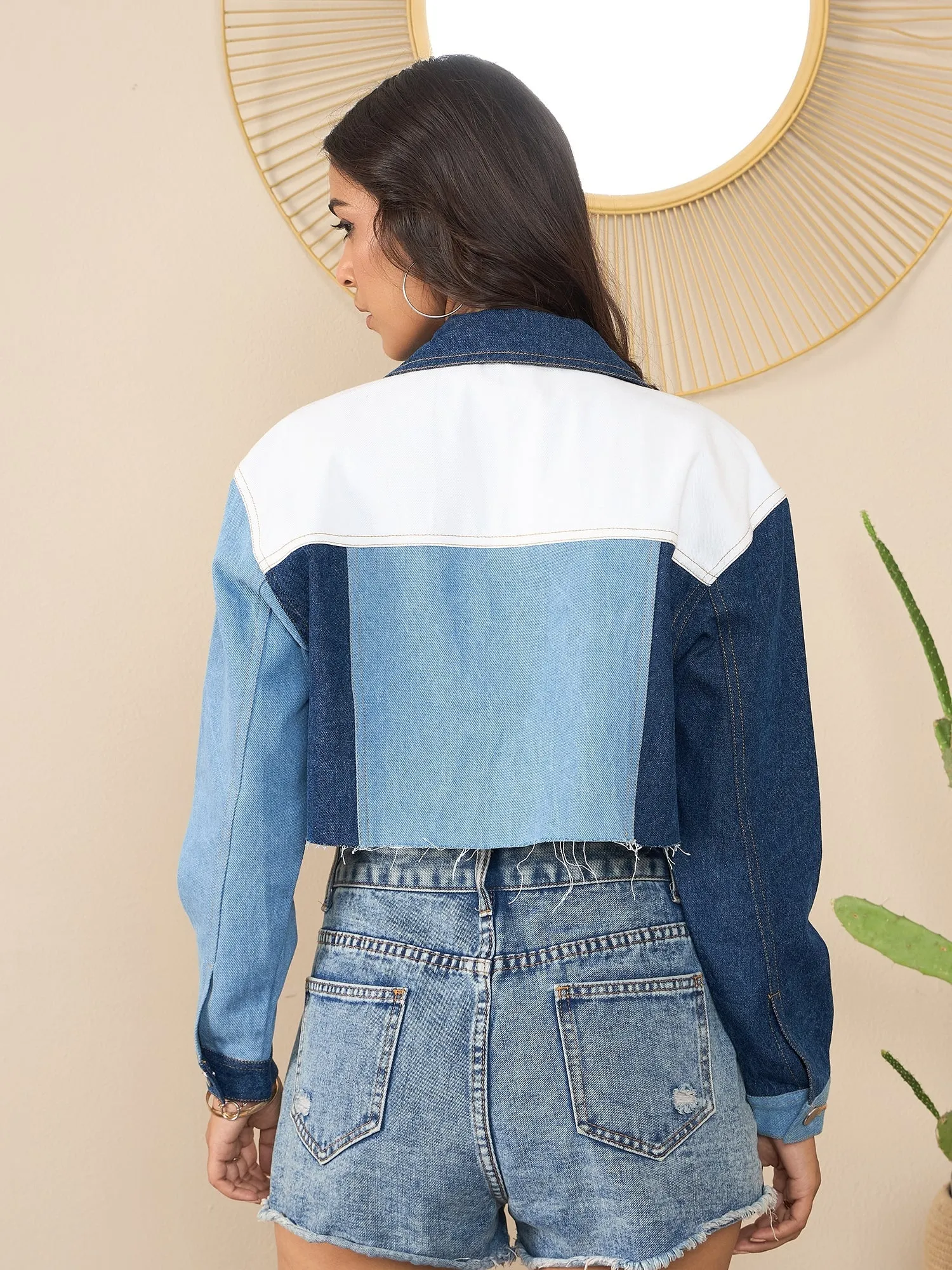 Blue Denim Color Blocking Patchwork Detail Crop Jacket