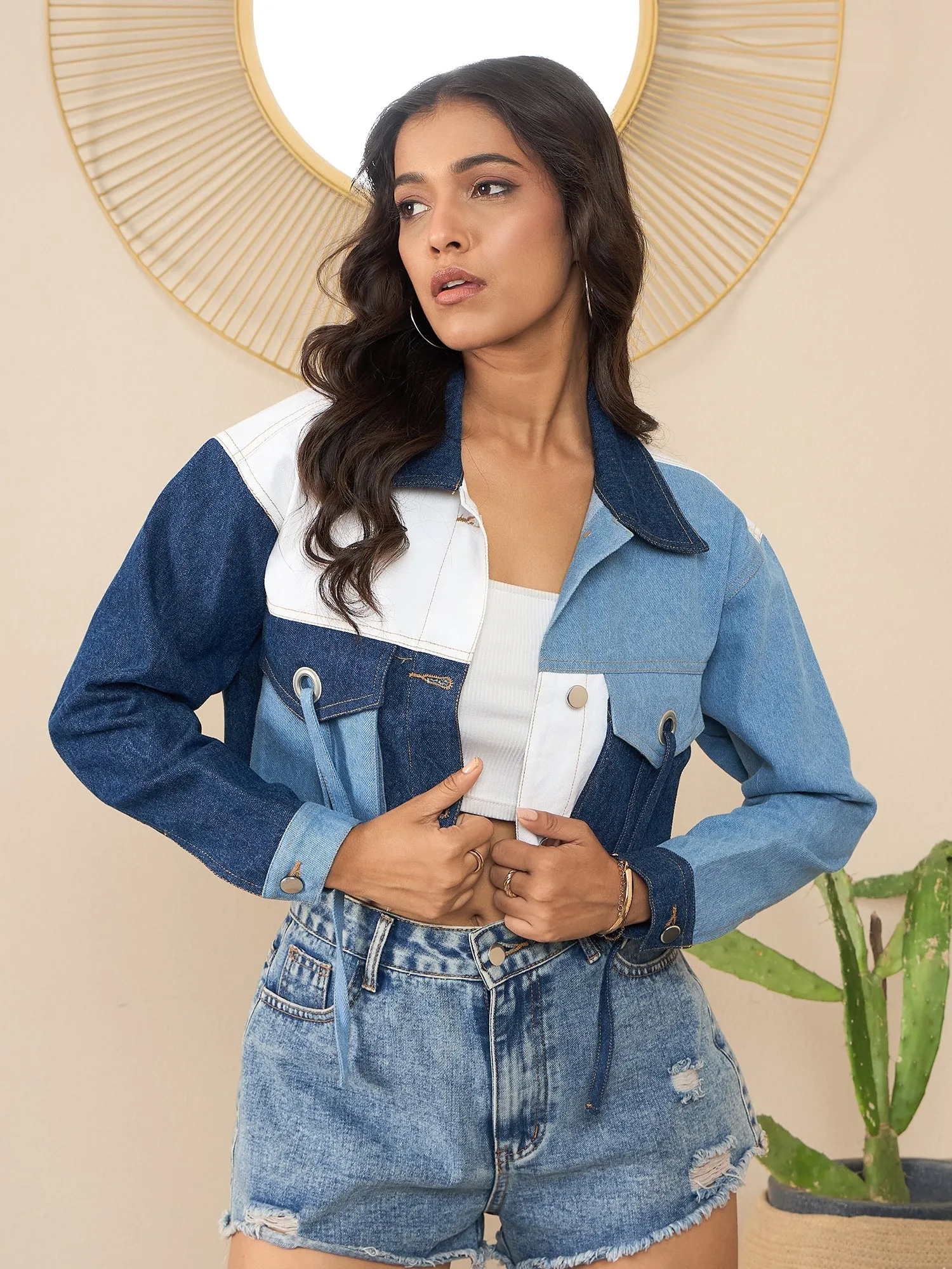 Blue Denim Color Blocking Patchwork Detail Crop Jacket