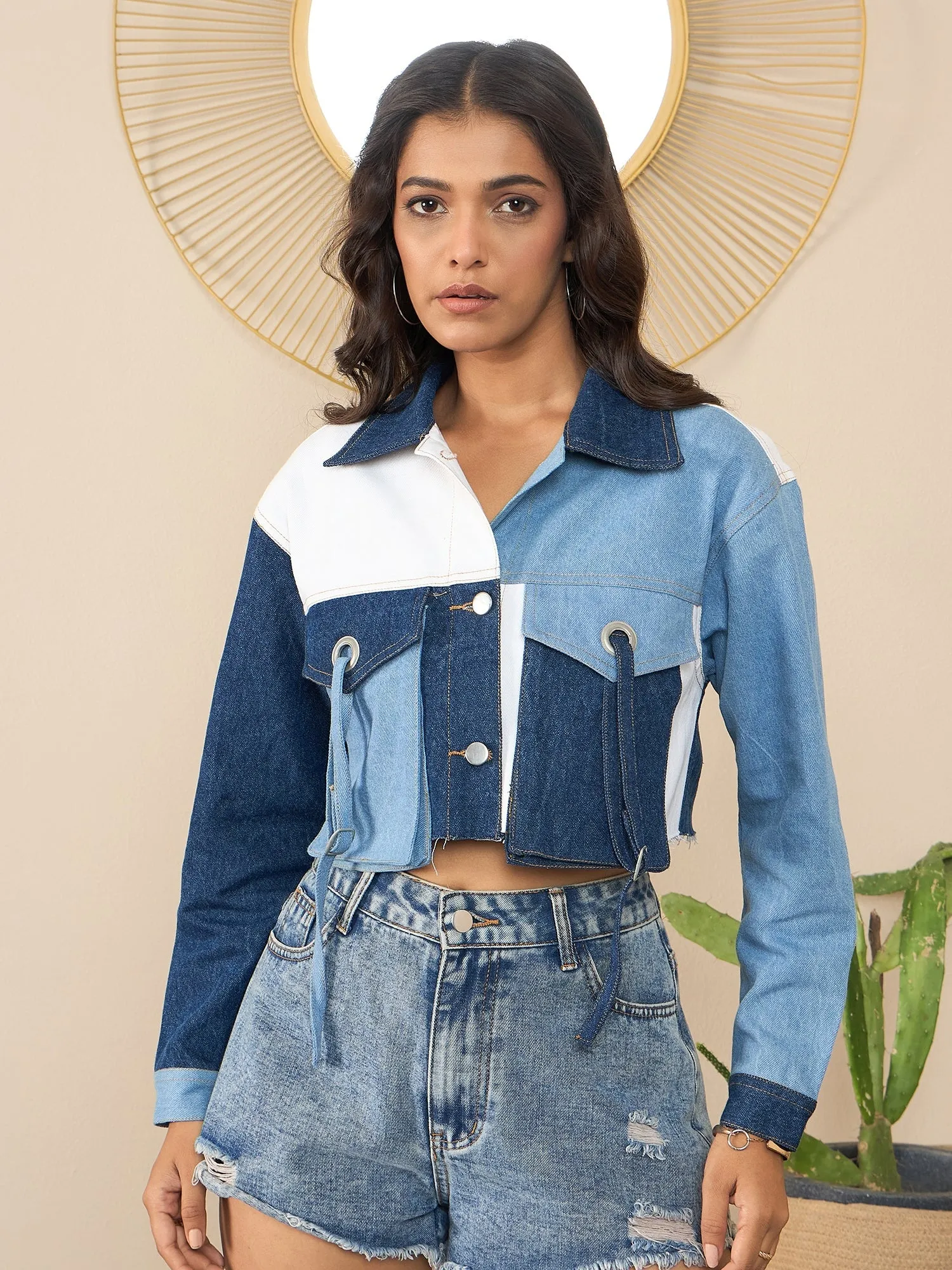 Blue Denim Color Blocking Patchwork Detail Crop Jacket