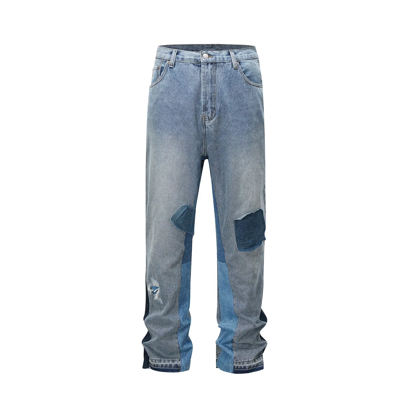 Bonsir High Street Patchwork Hole Ripped Baggy Jeans for Men Straight Pocket Washed Distressed Casual Denim Trousers Oversized