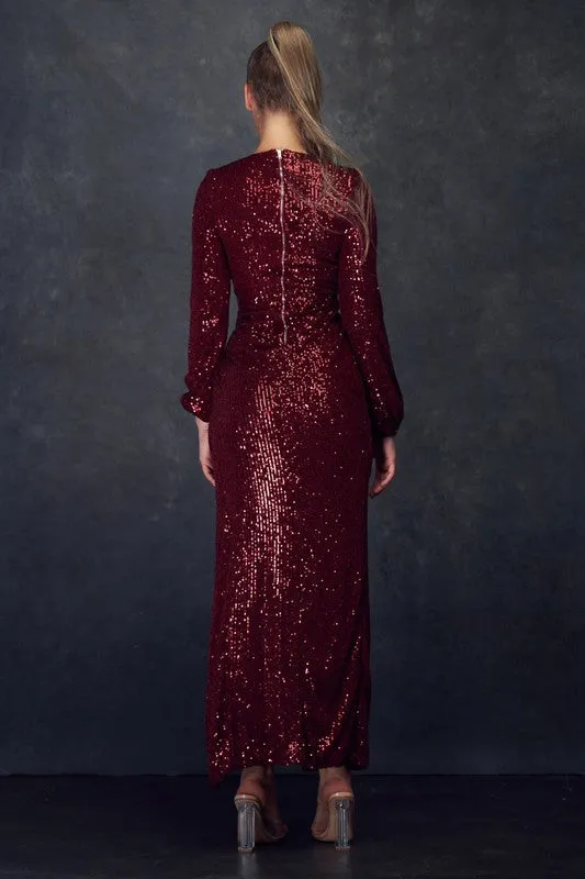 Burgundy Long Sleeve Sequin Stretch Sequin Dress