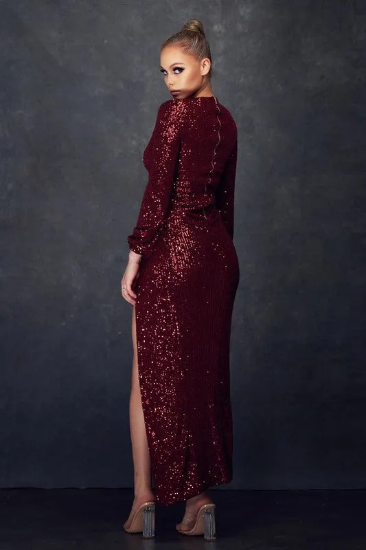 Burgundy Long Sleeve Sequin Stretch Sequin Dress