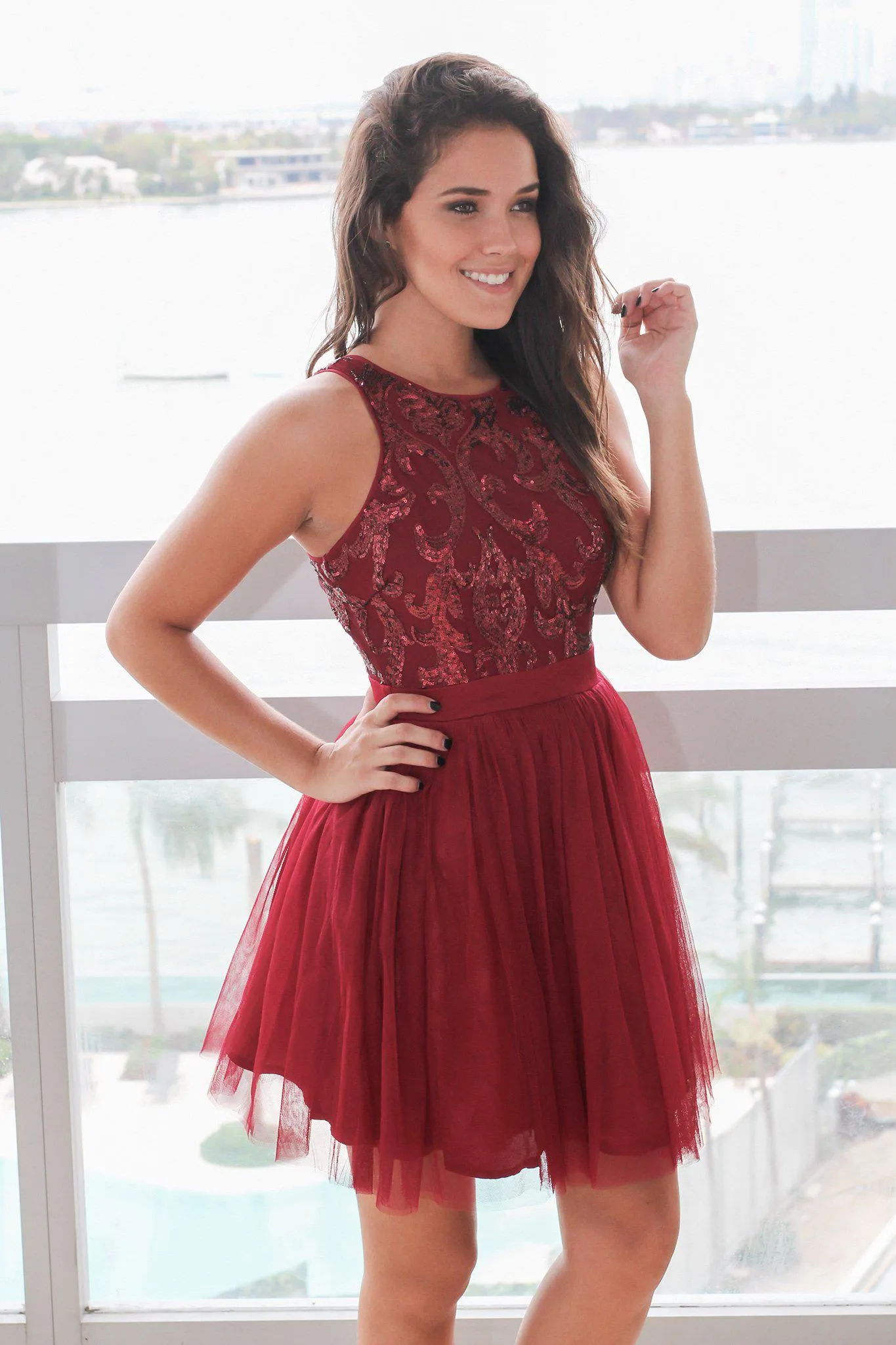 Burgundy Short Dress with Sequin Top