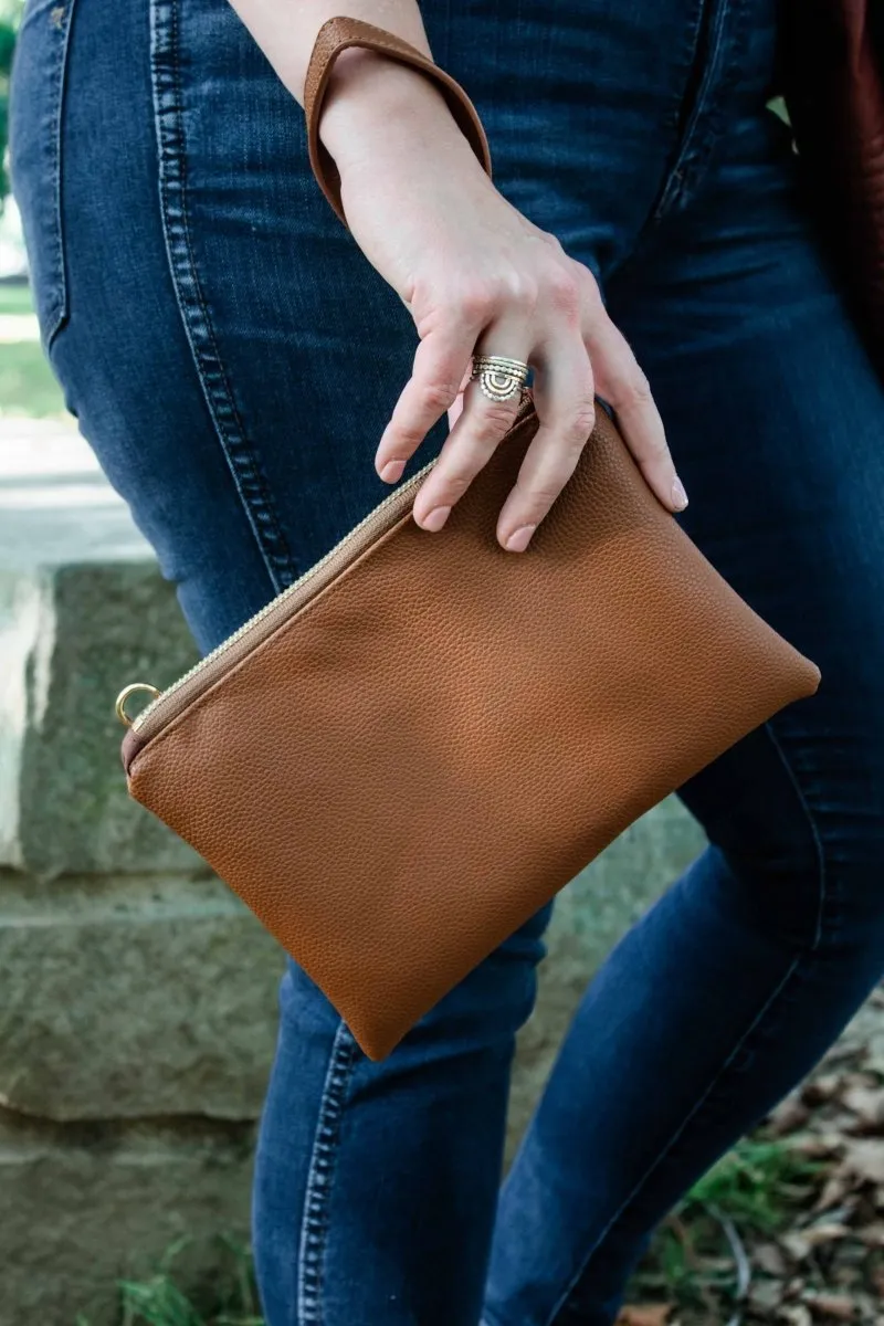 Classic Cognac Convertible Crossbody Wristlet  with Compartments