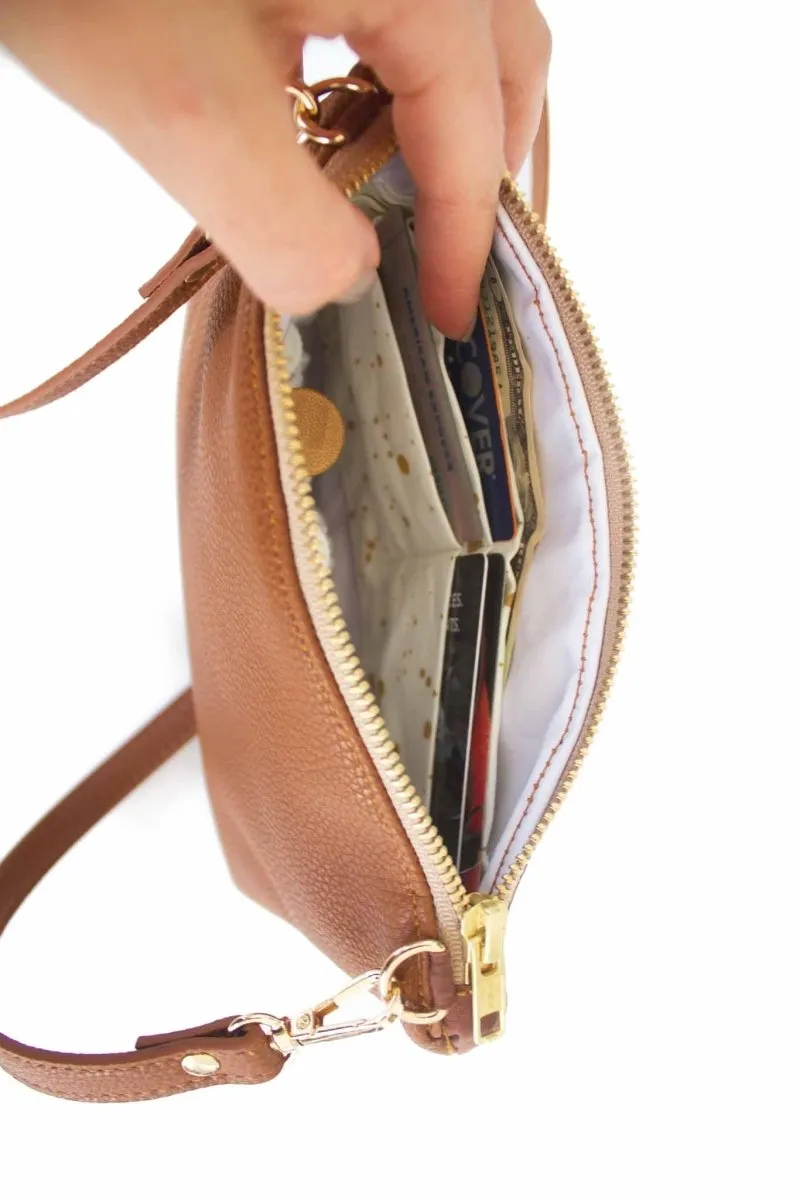 Classic Cognac Convertible Crossbody Wristlet  with Compartments