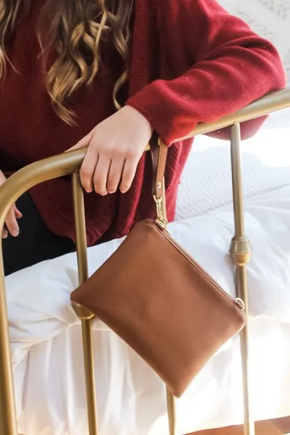 Classic Cognac Convertible Crossbody Wristlet  with Compartments