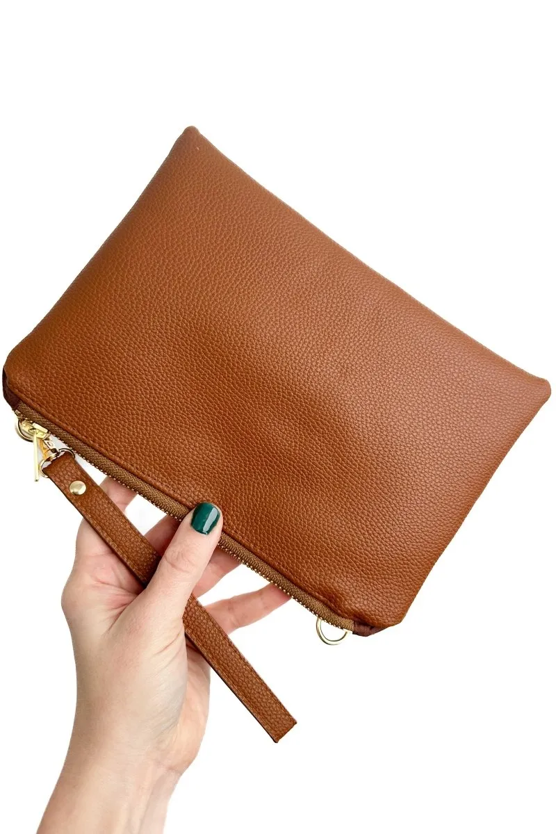 Classic Cognac Convertible Crossbody Wristlet  with Compartments