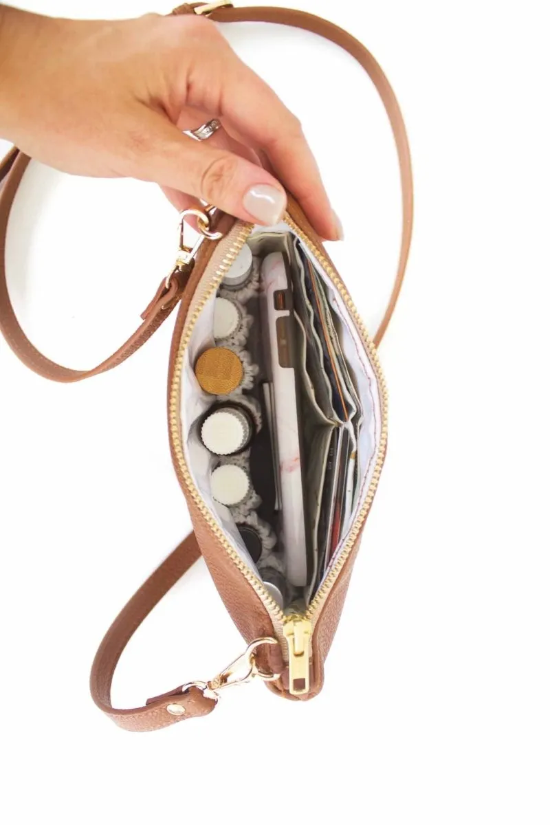 Classic Cognac Convertible Crossbody Wristlet  with Compartments