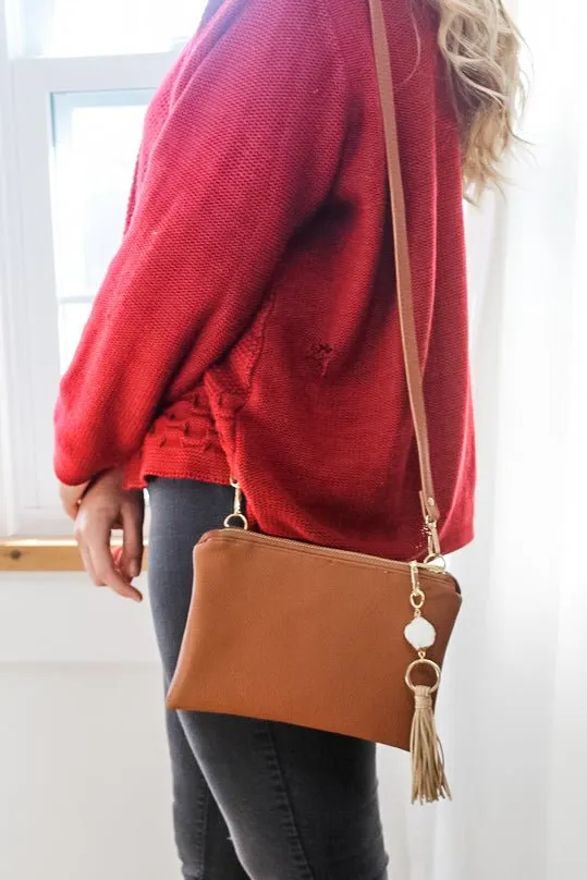 Classic Cognac Convertible Crossbody Wristlet  with Compartments