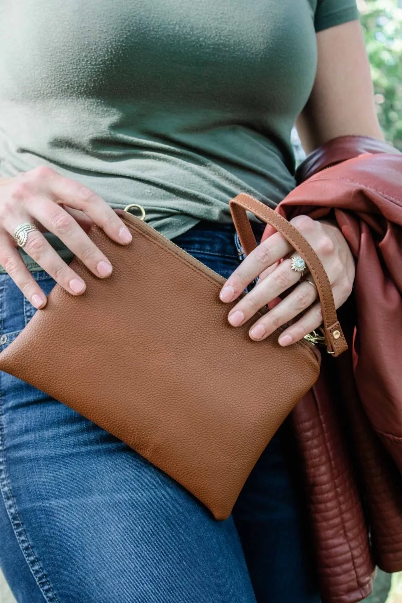 Classic Cognac Convertible Crossbody Wristlet  with Compartments