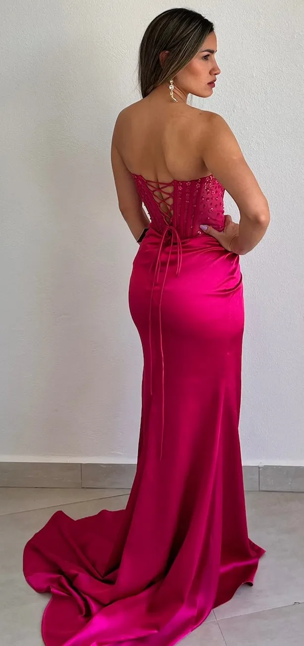 Daisy’s & Glam Corset Fuchsia Satin Formal Gown