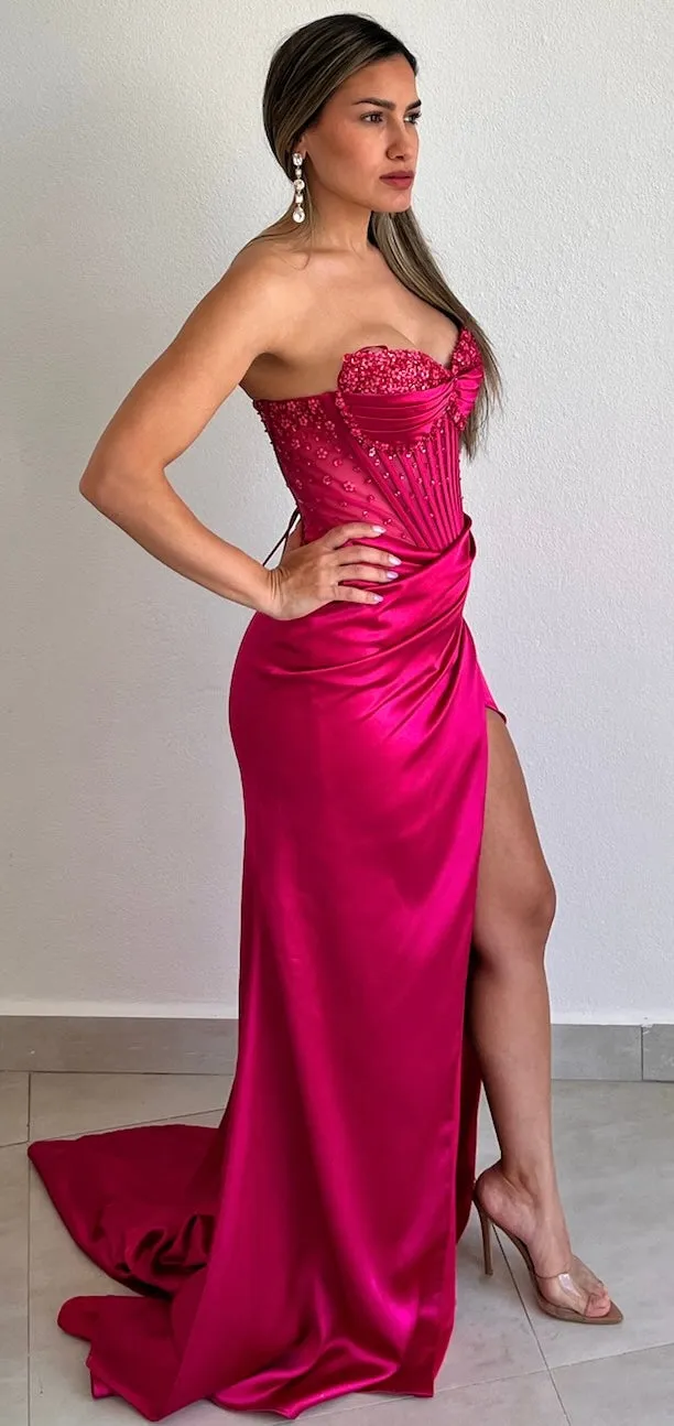 Daisy’s & Glam Corset Fuchsia Satin Formal Gown