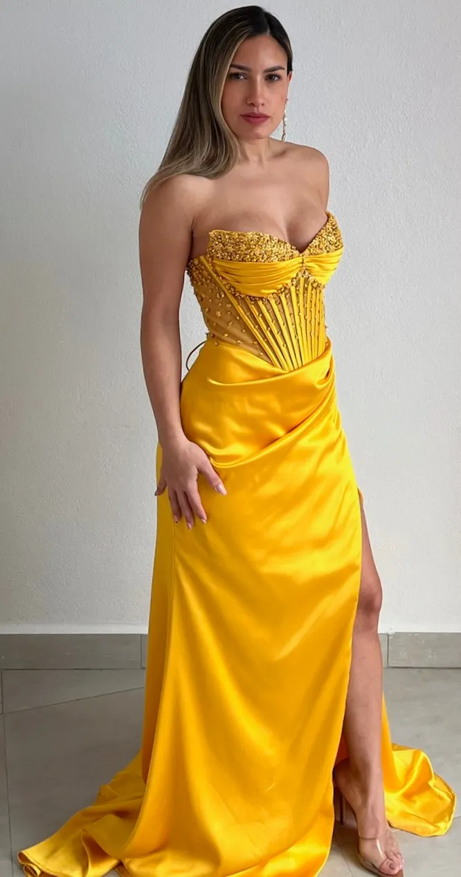 Daisy’s & Glam Corset Yellow Satin Formal Gown