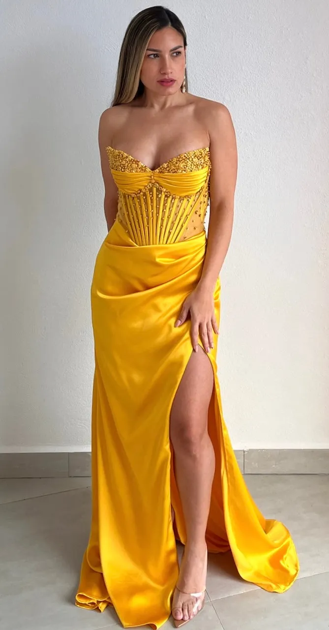 Daisy’s & Glam Corset Yellow Satin Formal Gown