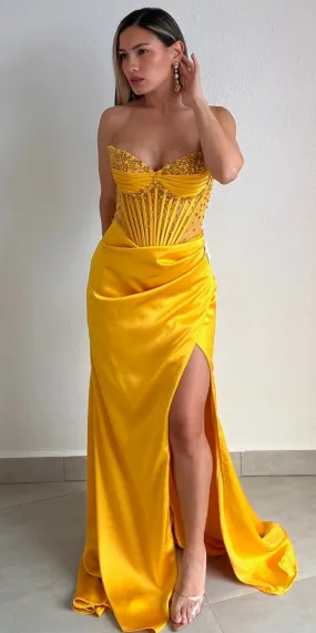 Daisy’s & Glam Corset Yellow Satin Formal Gown