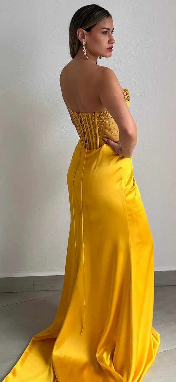 Daisy’s & Glam Corset Yellow Satin Formal Gown