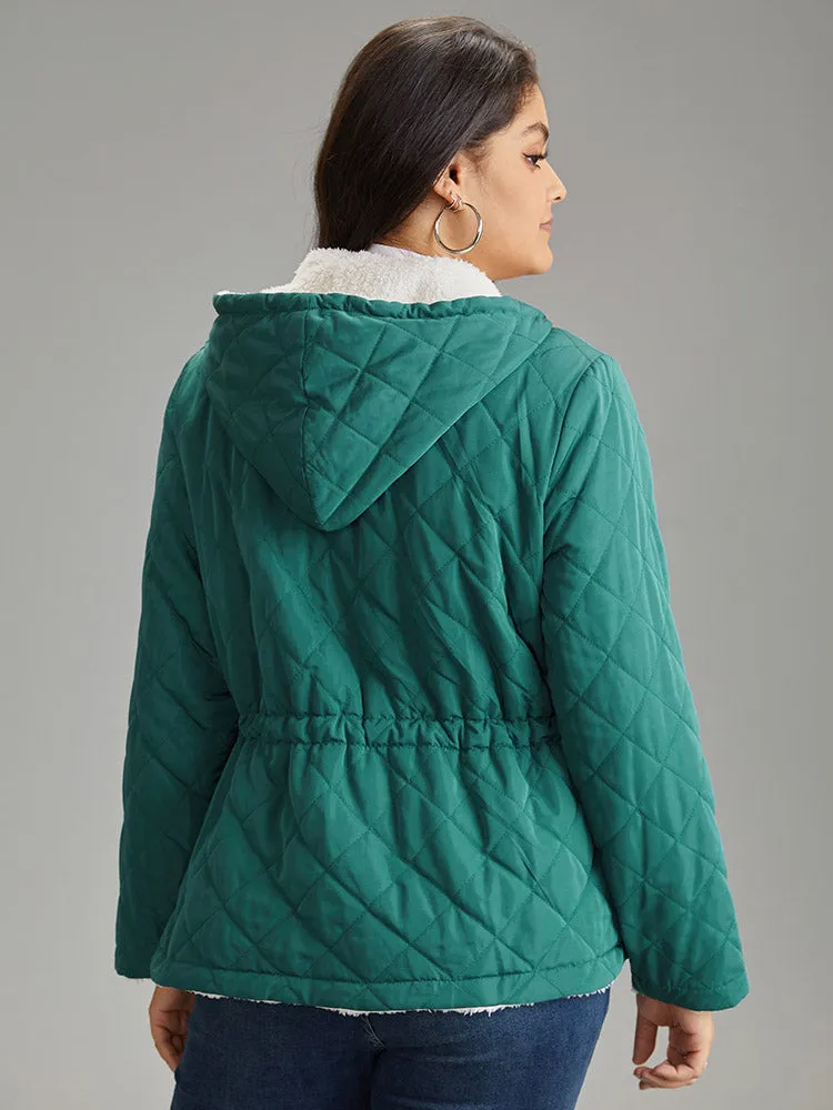 Drawstring Quilted Zipper Fluffy Patchwork Jacket