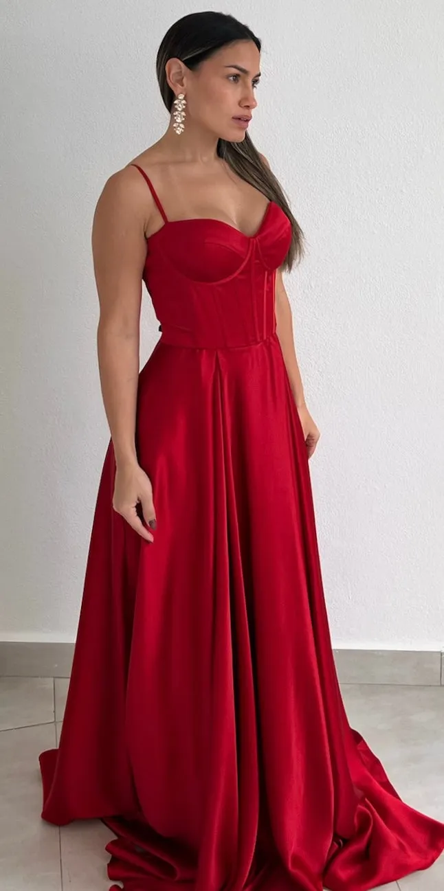 Dreamy Romance Red Corset Satin Formal Gown