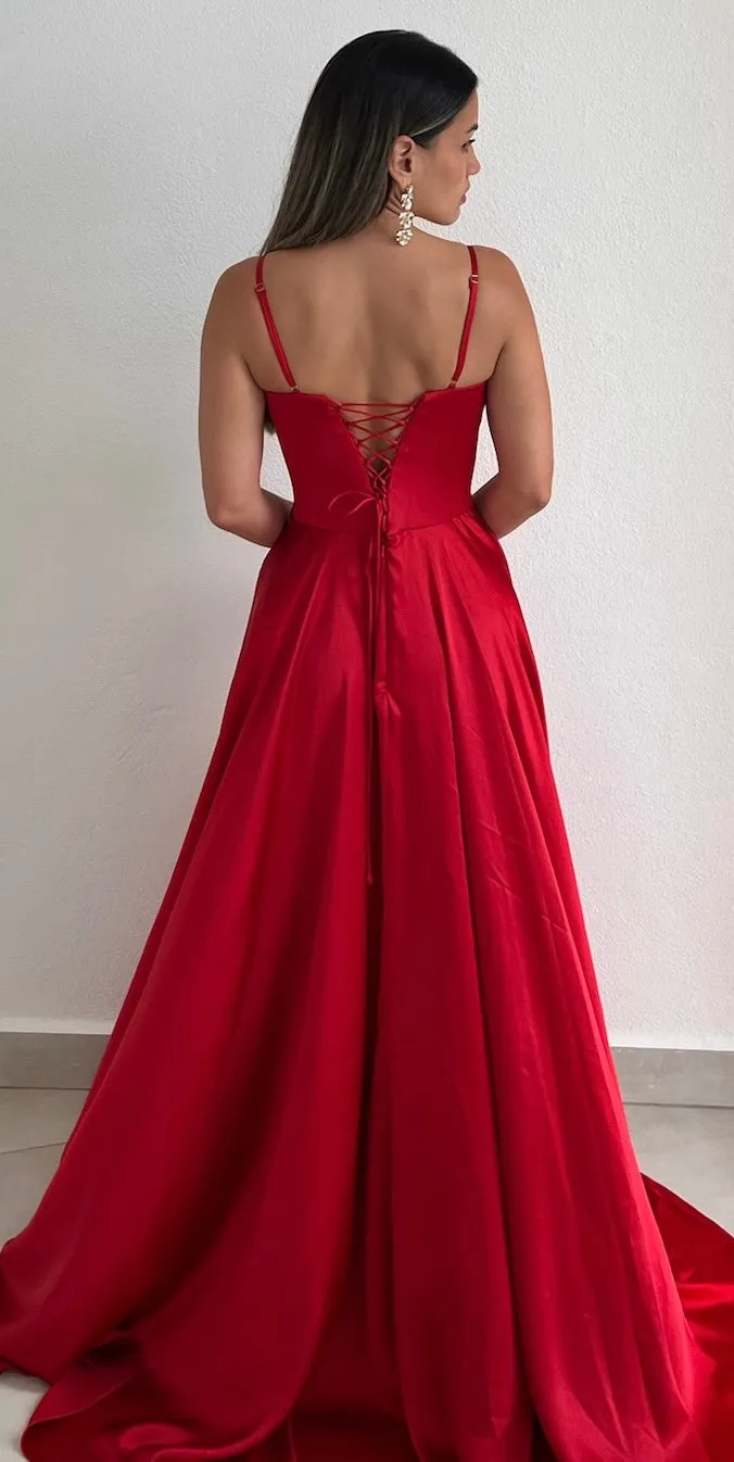 Dreamy Romance Red Corset Satin Formal Gown