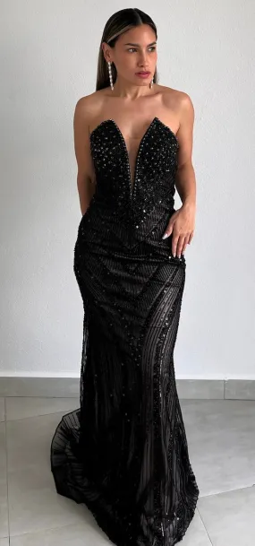 Elaborate Glam Black Beaded Formal Gown