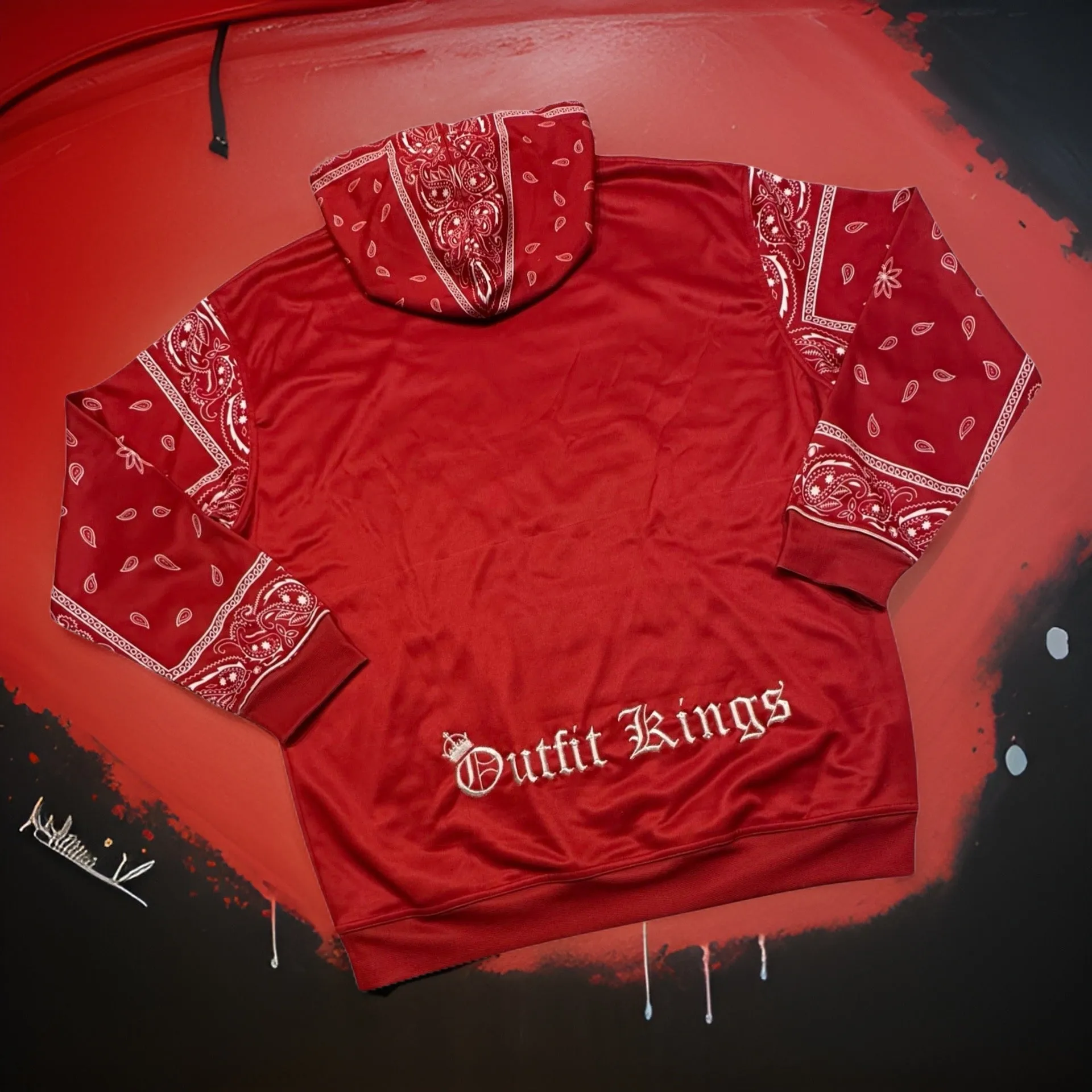 *FLIGHT 23* RED BANDANA / PAISLEY PULLOVER HOODIES (FLEECE LINED & BACK EMBROIDERY)