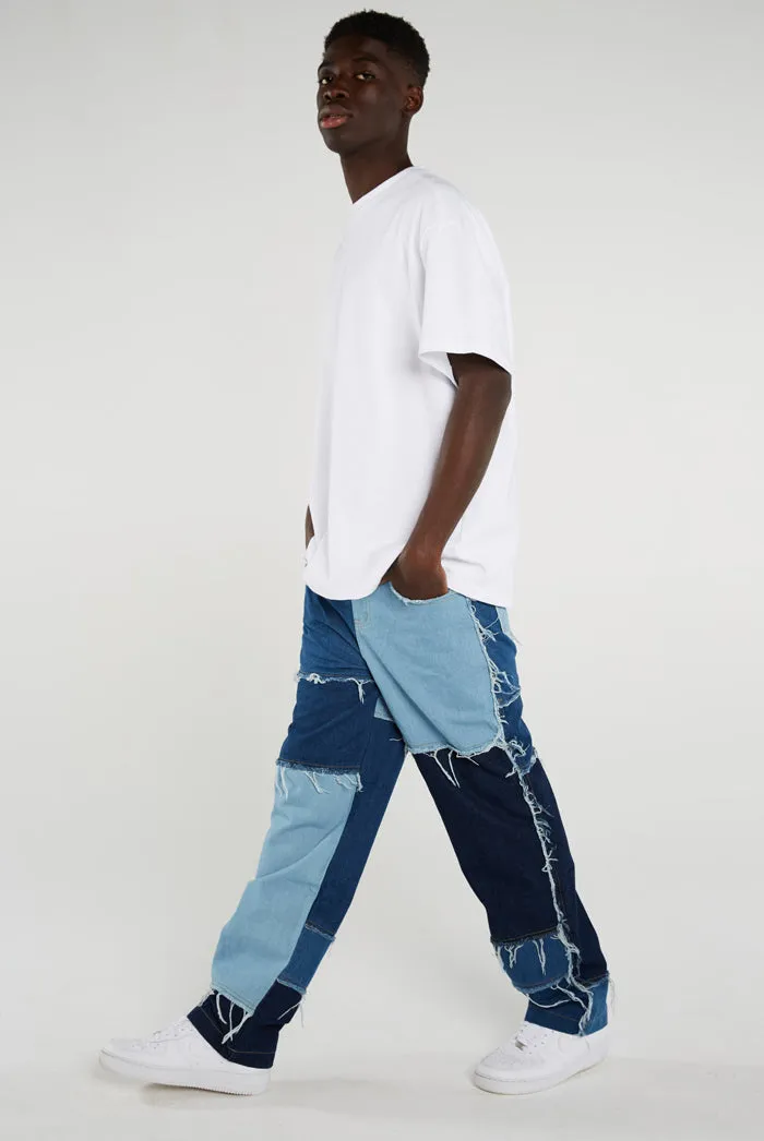 Frayed Patchwork Denim Skate Jeans