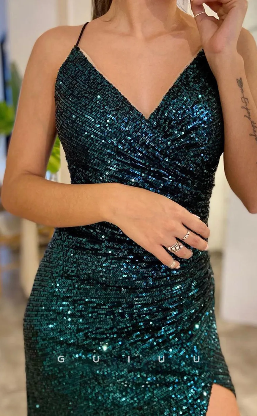 G2824 - Sexy & Fitted V-Neck Spaghetti Straps Dark Green Prom Evening Dress